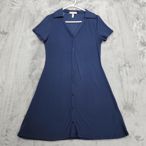 Harlow & Rose Dress Womens M Blue Ribbed Collared Short Sleeve Button Front Polo - Picture 1 of 9